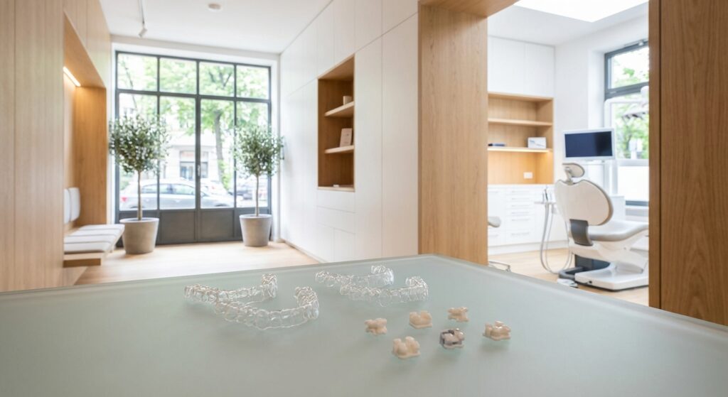 Moderne kieferorthopädische Praxis mit transparenten Alignern und Brackets auf Glasoberfläche