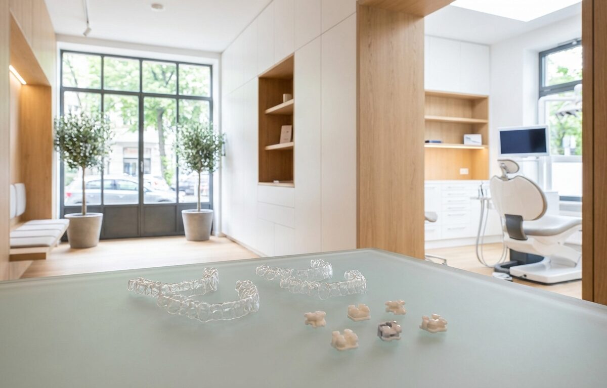 Moderne kieferorthopädische Praxis mit transparenten Alignern und Brackets auf Glasoberfläche